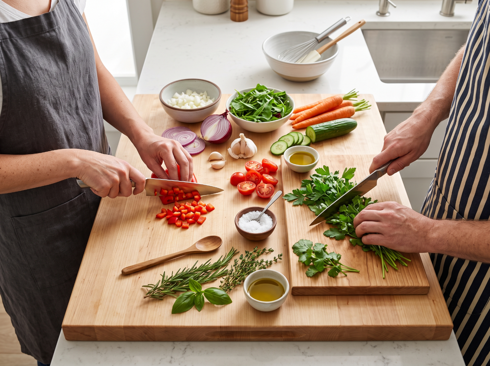 Hands chopping fresh vegetables on a cutting board in a well-lit kitchen.