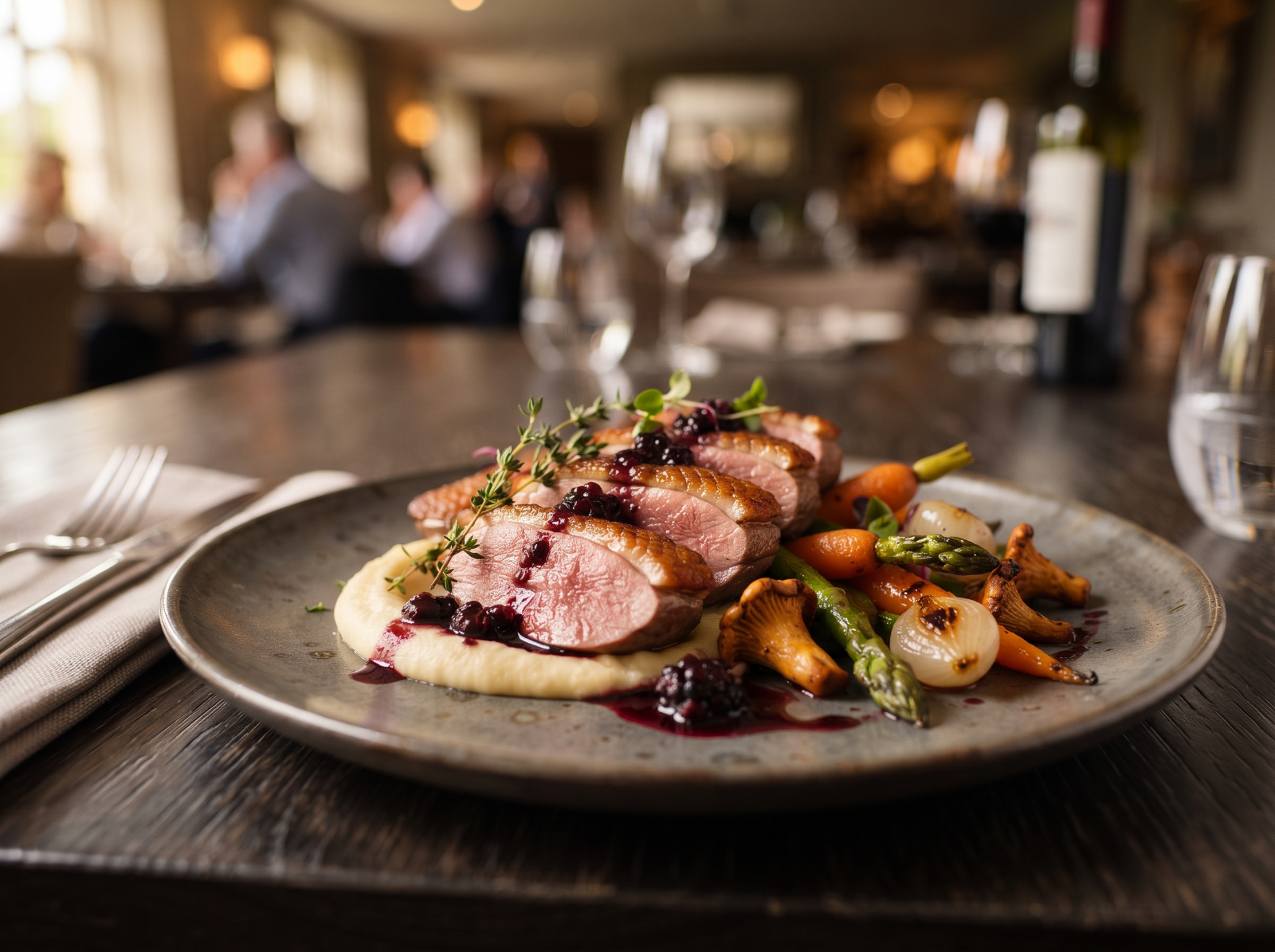 A close-up of a beautifully plated gourmet dish, rich in color and texture.